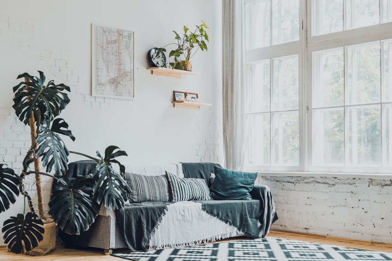 Wall decor and wall design ideas in a bright living room with art prints, shelves and plants