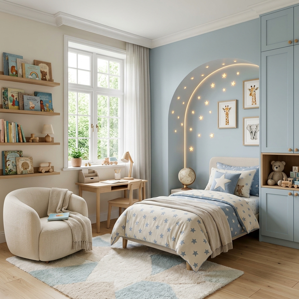 Modern kids room ideas with a blue star-light arch over the bed