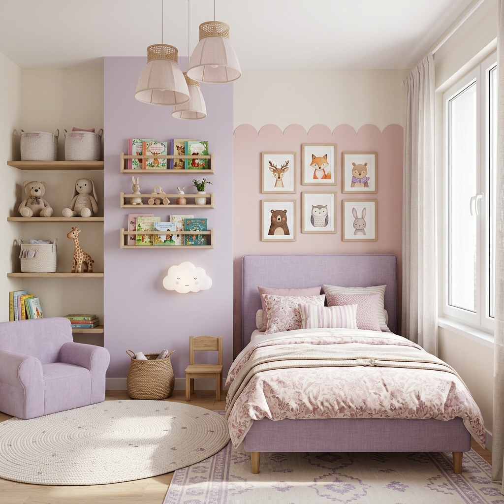Kids room decor ideas with lavender walls and animal picture frames