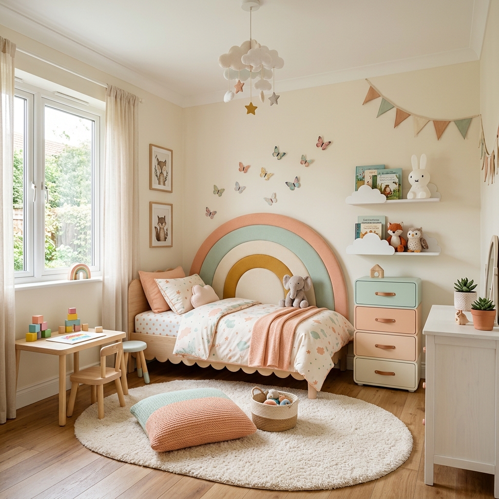 Cute kids room ideas with a pastel rainbow headboard