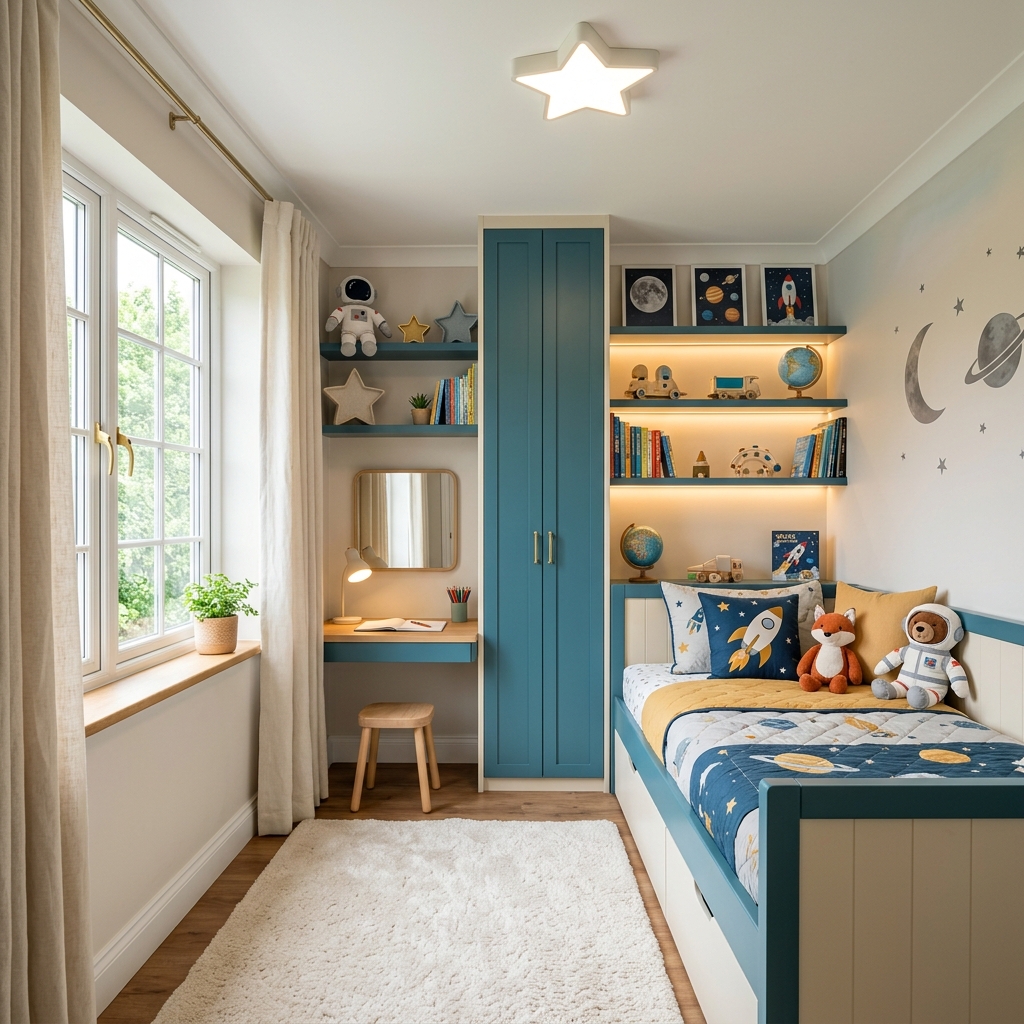 Small kids room ideas with a teal space theme and built-in desk