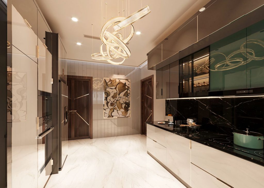 Luxurious black and gold kitchen ideas with marble and chandelier