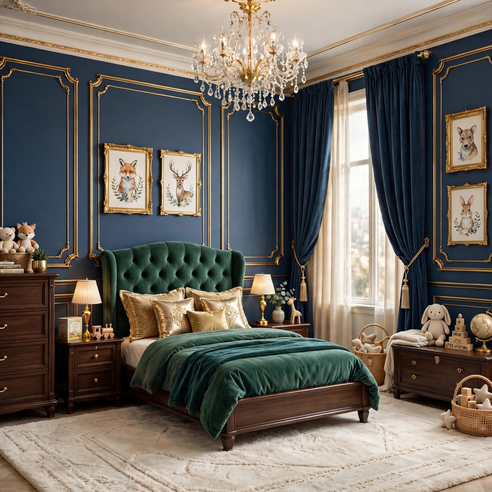 Luxury kids room ideas with rich colours and velvet cushions