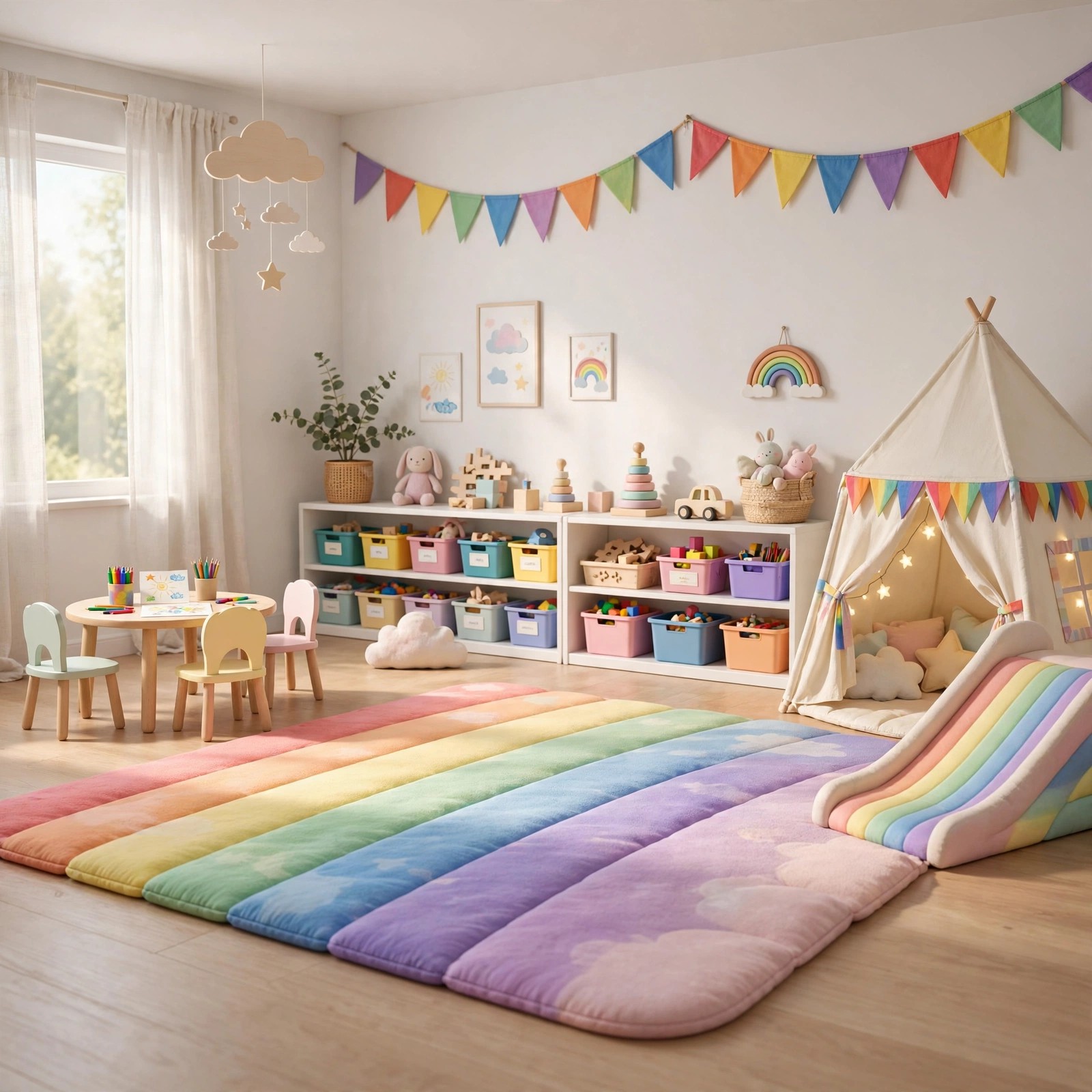 Kids playroom ideas with bright colours and open play space