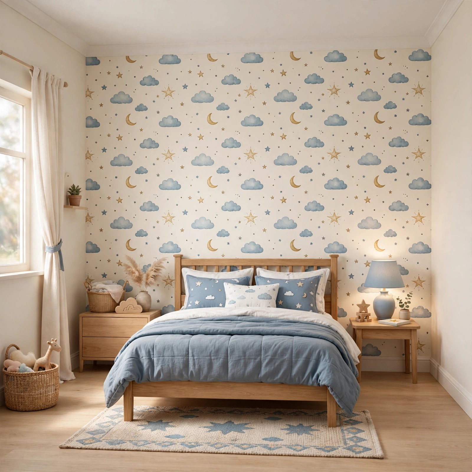 Kids room wallpaper ideas with stars, clouds and rainbow prints